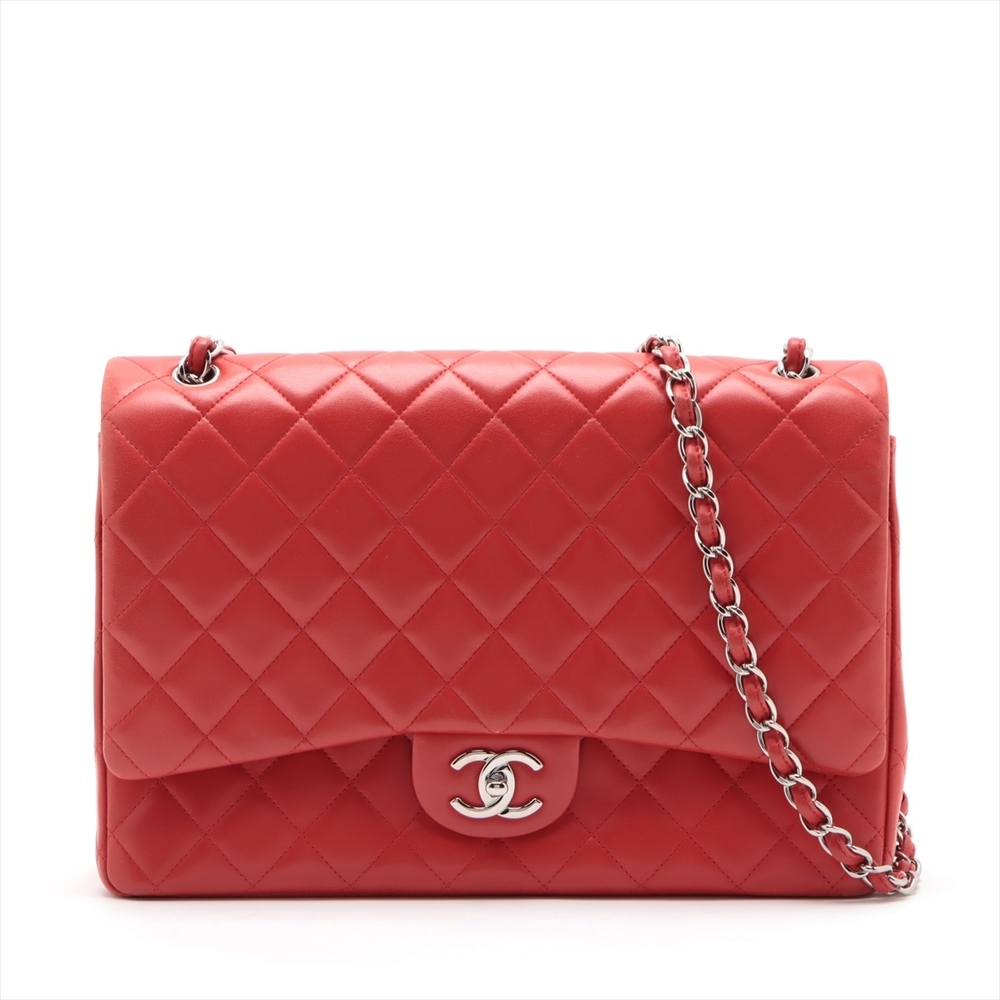 Chanel Big Matelasse Lambskin Double Flap Double Chain Red Silver